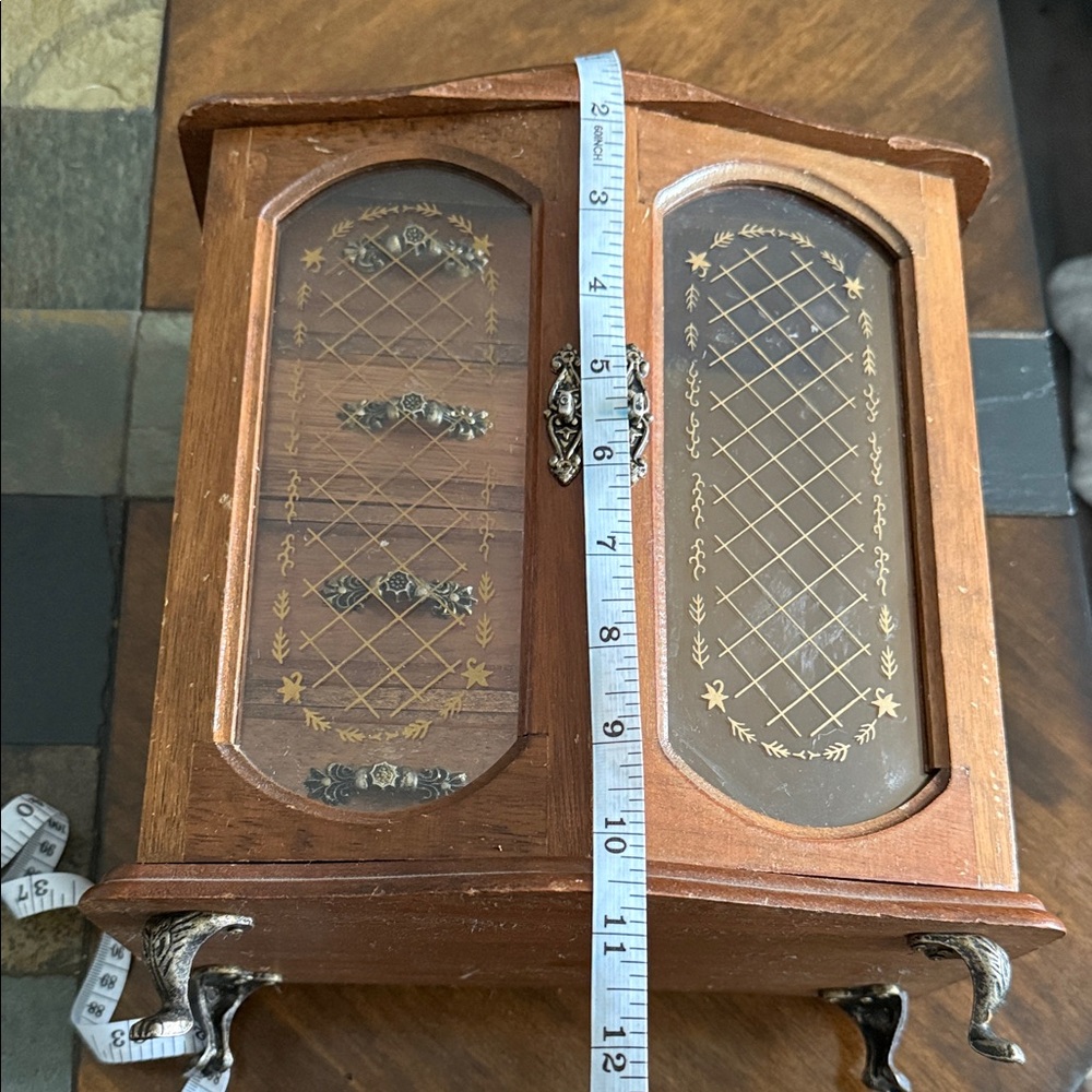 Vintage Wooden Jewelry Box with Glass Doors
